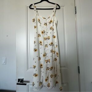 Button-Front White Maxi Dress with Yellow Floral Print